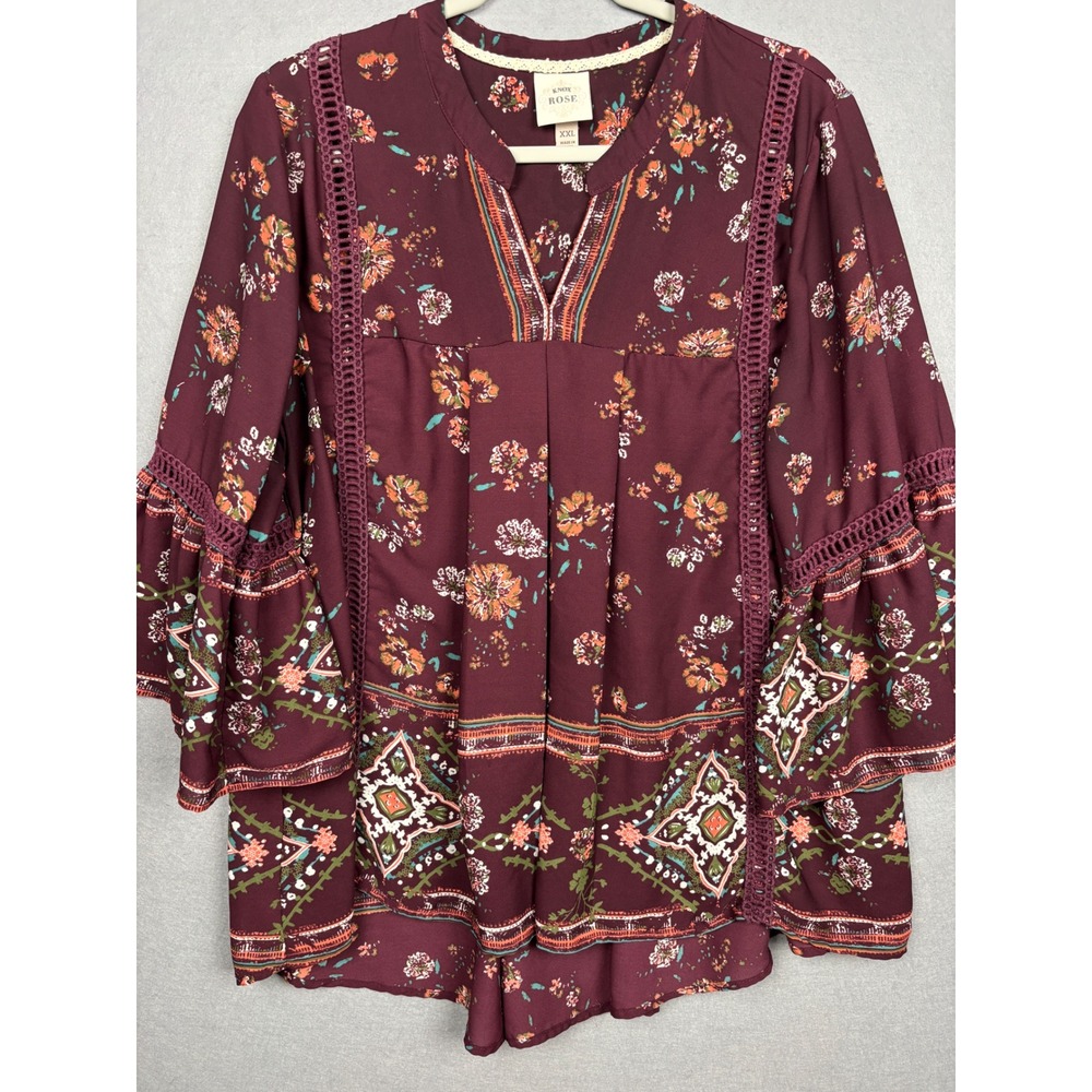 Knox Rose Blouse Womens XXL Floral Bell Sleeve Crochet Trim Boho Peasant